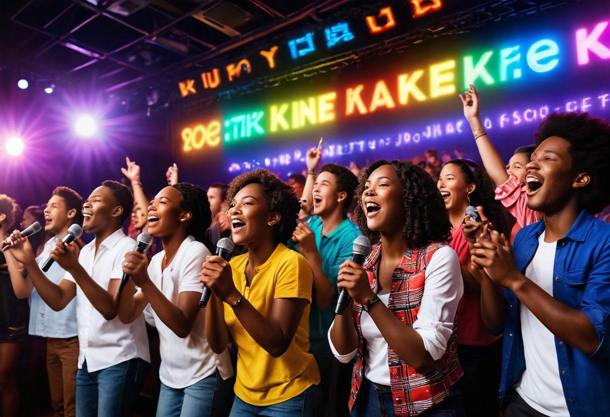 A vibrant karaoke stage alive with diverse voices, showcasing enthusiastic participants of different ages singing together, with colorful lights illuminating the scene. In the background, a supportive audience claps and cheers, while banners celebrate community and togetherness. The atmosphere should radiate joy and connection, capturing the essence of transformation through music. super-realistic. vibrant colors. dynamic composition.
