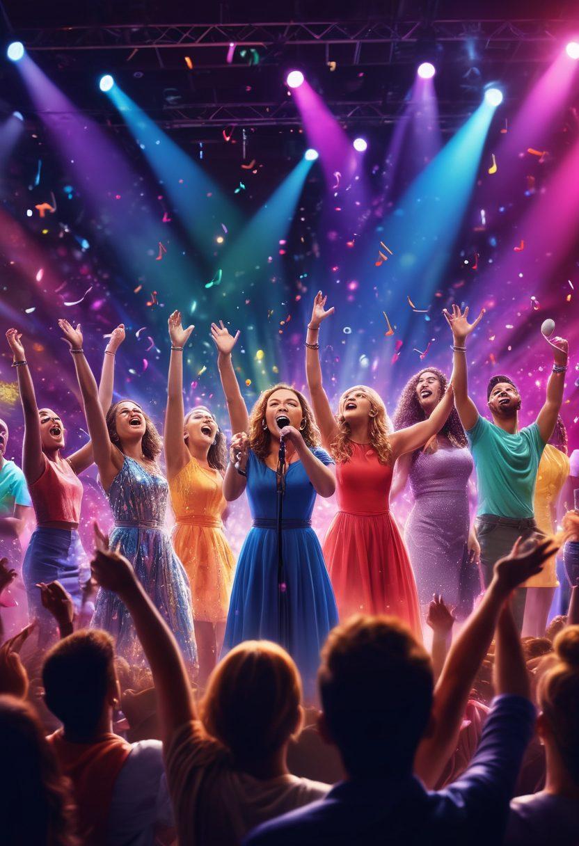 A vibrant scene depicting diverse contestants passionately singing into microphones on stage, surrounded by colorful musical notes drifting in the air. Include a cheering audience in the background with bright lights illuminating the atmosphere, showcasing the excitement of a singing competition. Symbolic elements of songwriting, like sheets of music and instruments, subtly integrated into the design. super-realistic. vibrant colors. dynamic composition.