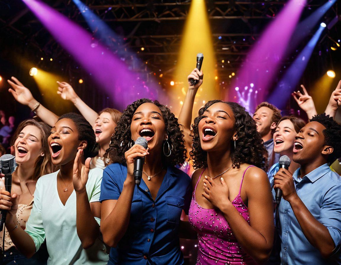 A vibrant, colorful scene of a diverse group of people passionately singing into microphones on a stage under dazzling lights. One person is illuminated as a 'star', showing pure joy and confidence. Surrounding them are musical notes swirling in the air, symbolizing the journey of self-expression through karaoke. The audience is cheering enthusiastically in the background, creating a lively atmosphere. super-realistic. vibrant colors. dynamic lighting.